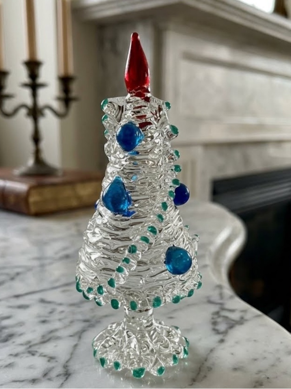 Vintage knit spun glass Clear Christmas Tree with Blue and Green Accents